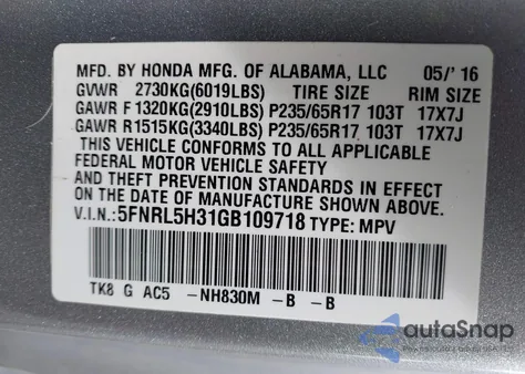 2016 Honda Odyssey Se from USA, damaged, VIN 5FNRL5H31GB109718